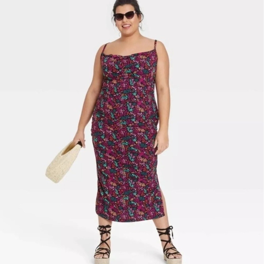 Ava & Viv Floral Mesh Ruched Midi Dress Sz X Black Pink Sundress‎ Slinky Bodycon